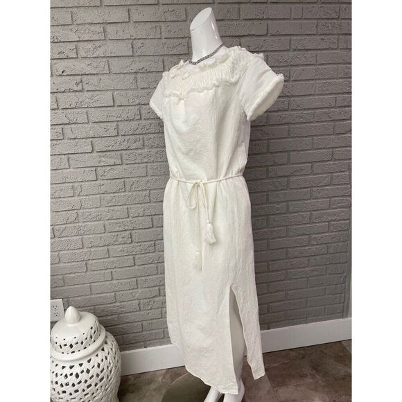 Line + Dot Women White Textured Off Shoulder Self-Belted Slit Midi Dress Size S - Picture 5 of 12